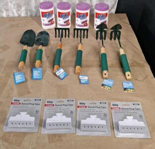 (2) Garden Hand Shovels, (2) Garden Hand Rakes, (2) Garden Hand Shovel / Rake Combos, (4) 3-Outlet Swivel Plug Taps & (4) 30-Count Packs Of Brillo Basics Multi-Surface Cleaning Wipes