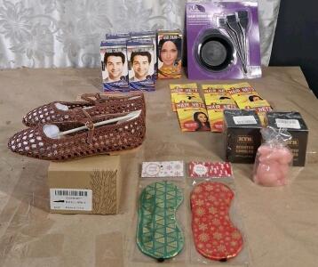 (1) Pair Of Women's Woven, Flats, Brown, Size-9, (3) Scented Candles, (2) Sleep Masks & (6) 3-Packs Of Hairnets, (1) 4-Piece Hair Dying Set & (5) Hair Dye Kits, (1) Blue Black & (4) Dark Brown