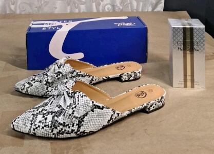 (1) Pair Of Trary Women's Black Bow Pointed Toe Mules, Natural Snakeskin Pattern, Size-11 & (1) 3.4-Fl Oz Bottle Of Guest Man of Men Eau de Toilette By Fragrance Couture