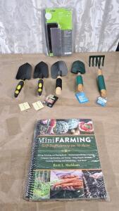 (1) Mini Farming Guide - Self Sufficiency On A 1/4 Acre, (4) Garden Hand Shovels, (1) Garden Hand Rake & (1) Wireless Doorbell