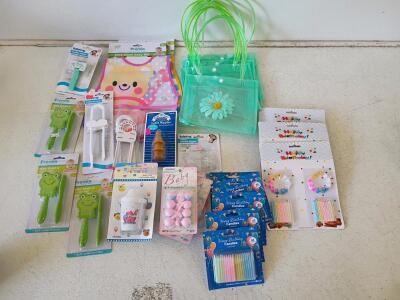 Large Baby Care Lot: Brushes, Bib, Nipples, Party Bags, Candles, Rattles, Locks, New Packaging