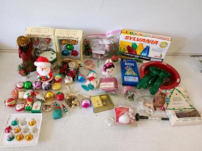 Vintage Christmas Lot: Sylvania Light Set, Glass Ornaments, Garland &ndash; 45+ Pieces