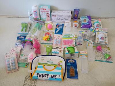 Large Lot 40+ Baby Care Items: Bottles, Rattles, Bibs, Pacifiers, Diapers, Travel Pillow, Premia/Baby King