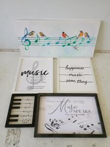 5-Piece Music Quote and Bird Wall Art Set, Framed Prints and Canvas, Piano Keys Theme