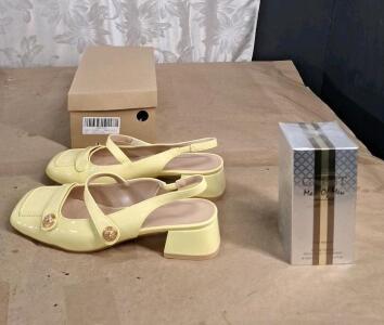 (1) Pair Of Square-Toe Slingback Pumps, Gloss Yellow, Size-7.5 & (1) 3.4-Fl Oz Bottle Of Guest Man of Men Eau de Toilette By Fragrance Couture