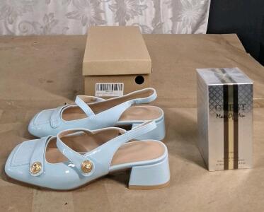 (1) Pair Of Square-Toe Slingback Pumps, Gloss Blue, Size-7 & (1) 3.4-Fl Oz Bottle Of Guest Man of Men Eau de Toilette By Fragrance Couture