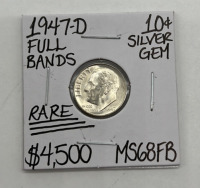 1947-D MS68FB Rare Full Bands Silver Gem Dime