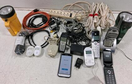 Mixed Lot of Cordless Phones, Samsung Smartphone, Flashlights, Baby Monitor, Cords & Adapters (Tested)