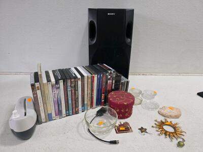 Untested Sony Speaker, 22 DVDs, 5 CDs, Books, Accessories &ndash; Mixed Media Collection