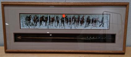 Panoramic Western Horse Print Shadowbox with Handmade Arrow, Signed, Oak Frame 48"x16"