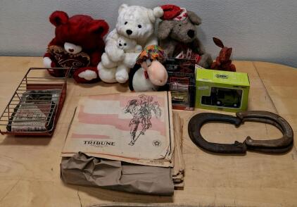 Vintage Collectibles Lot: Clark Forklift Model, 1976 Tribune Newspaper, Plush Toys, Horseshoes