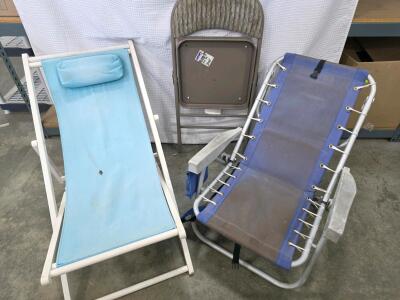 Folding Lounge & Reclining Camp Chairs with Padded Banquet Chair, Blue/Gray/Brown, Lot of 3