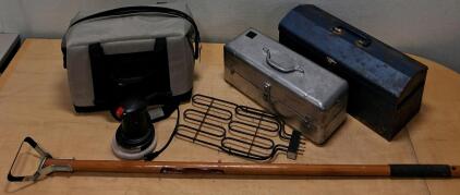 Mixed Tool Lot: OASIS Tool Bag, 2 Metal Toolboxes, Orbital Buffer, Floor Scraper, Heating Element