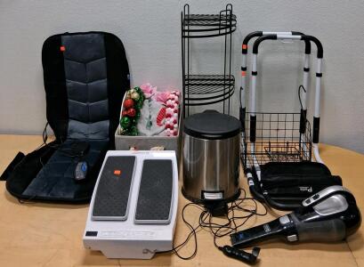 Black+Decker 20V Vacuum, LegXercise Machine, Wire Racks, Trash Can, Cart, Massage Pad Lot