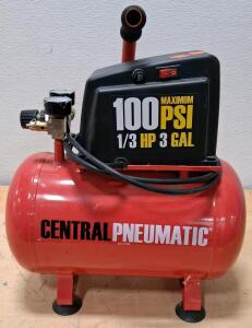 Central Pneumatic 97080 3-Gallon 1/3 HP Portable Air Compressor, 100 PSI, 0.6 SCFM @ 90 PSI