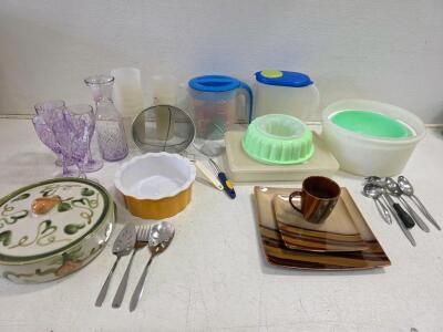 Assorted Kitchenware Lot: Glassware, Ceramic Serveware, Pitchers, Mixing Bowls, Utensils, Plates