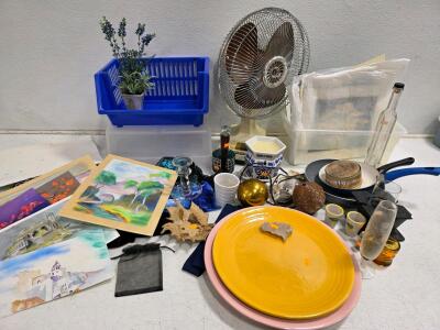 Assorted Household Lot: Vintage Fan, Ceramic & Glass Decor, Art Prints, Kitchenware, 20+ Pieces