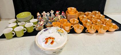 Vintage Amber Depression Glass, Green Porcelain Dishware Set, Fruit Motif Serving Dish, Figurines