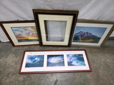 Framed Landscape Paintings, Ocean Triptych, and Large Empty Frame Assorted, Wood with Matting