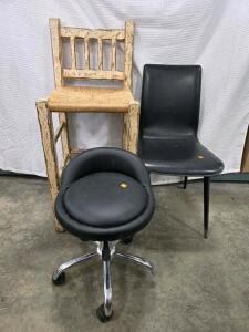 Set of Three Chairs: Rolling Office Stool, Black Vinyl Side Chair, Rustic Wood Bar Stool