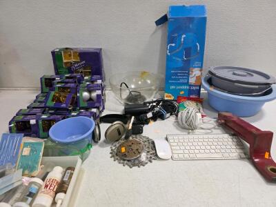 Assorted Household & Electronics Lot: Apple Keyboard & Mouse, Holiday Lights, Tools