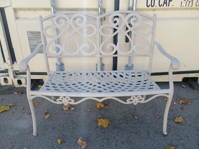 Cast Aluminum Outdoor Garden Bench, Ornate Scrollwork, 2-Seater, 44" Wide, Light Gray