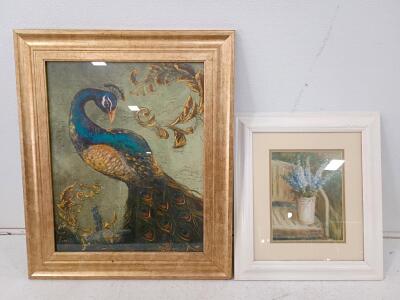 Framed Art Lot: Danhui Nai Floral Still Life & Textured Peacock Print, White & Gold Wood Frames