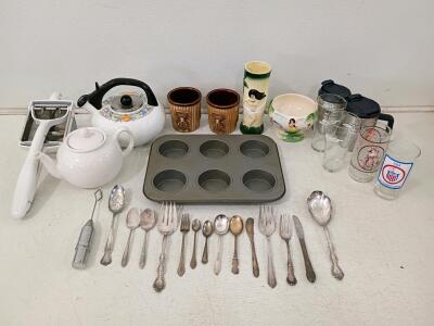 Mixed Vintage Tiki Barware, Collectible Glasses, Stanley Mugs, Flatware & Kitchen Tools Lot