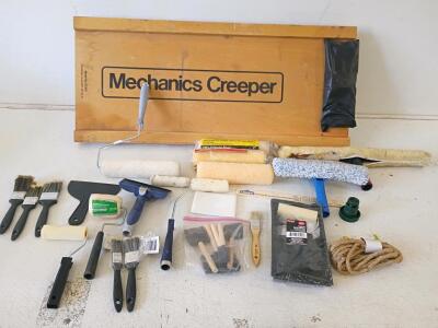 Mixed Painting Tool Lot with Brushes, Rollers, and MASCO Wooden Mechanics Creeper, 36" x 16"