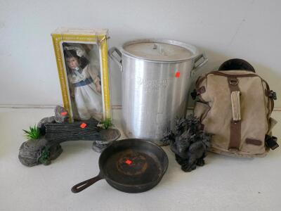 Effanbee 16" Porcelain Doll in Original Box, Blue-Dressed Classic Collection, Brown Hair, Blue Eyes, Cast Iron Frying Pan, Large Stock Pot, Backpack