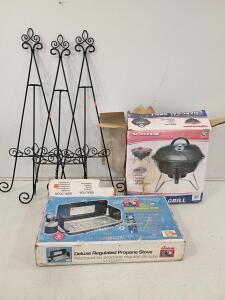 Vortex 14.5" Charcoal Grill, Century 2-Burner Propane Stove, Set of 3 Black Metal Easels