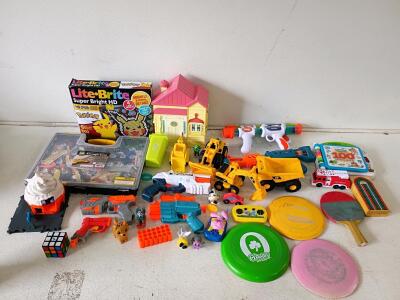 Mixed Lot of LeapFrog, Lite-Brite, Nerf, CAT Trucks, Disc Golf Discs, Rubik&rsquo;s, 35+ Toys