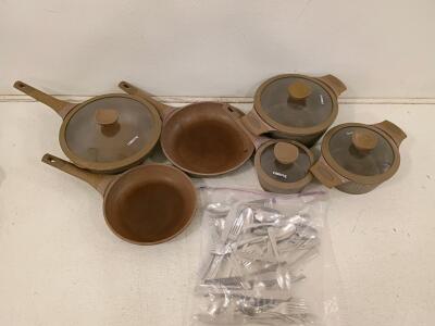 CAPOTE 6-Piece Nonstick Ceramic Cookware Set with 4 Lids & Stainless Cutlery Lot