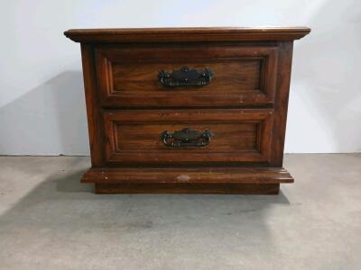 Vintage Wooden Nightstand with 2 Drawers, Ornate Metal Handles, and Decorative Molding