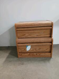 Two-Drawer Oak Laminate Nightstand with Curved Front, Integrated Pulls, 24" x 16" x 24", Modern