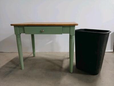 Farmhouse Style Small Wood Writing Desk with Green Legs, Drawer, and Natural Wood Top plus trash can