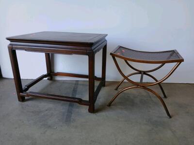 Mid-Century Modern Metal Mesh Accent Stool Ottoman & Vintage Wooden side table