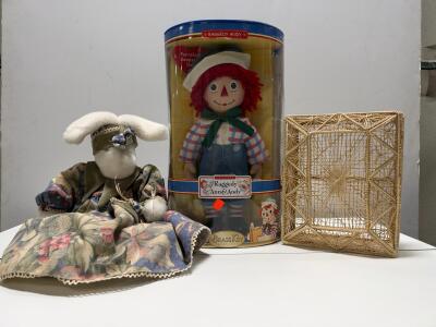 Brass Key Raggedy Andy Porcelain Keepsake Doll 12&rdquo; Classic, 2005, Boxed, Item #2248 & Handmade Rabbit by Ray