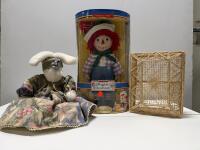 Brass Key Raggedy Andy Porcelain Keepsake Doll 12&rdquo; Classic, 2005, Boxed, Item #2248 & Handmade Rabbit by Ray