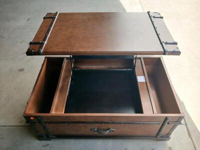 Trunk-Style Lift-Top Coffee Table with Storage Drawer and Metal Accents