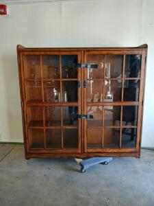Large Glass-Front Wooden Display Cabinet with Paned Doors and Fixed Shelves