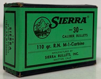 Sierra 30 Caliber 110 gr RN Bullets for M1 Carbine, Box of 100, Copper Jacketed, Whittier CA