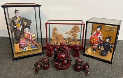 Japanese Ningyo Dolls, Miniature Diorama, Lacquered Buddha and Foo Dog Statues Collection