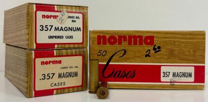 Norma .357 Magnum Unprimed Brass Cases, 3 Boxes (150), Vintage Reloading, Index No. 806
