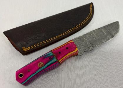 Damascus Steel Drop Point Knife, 8" OAL, Custom Pink/Teal Wood Handle, Leather Sheath