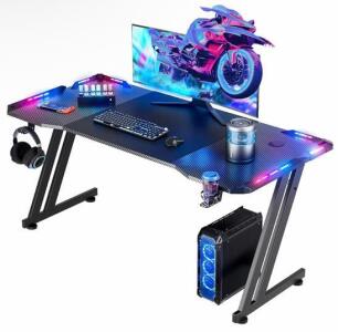 47" RGB Gaming Desk, Carbon Fiber Top, Metal Z-Legs, Cup Holder & Headphone Hook, LED Control (Shelf E)
