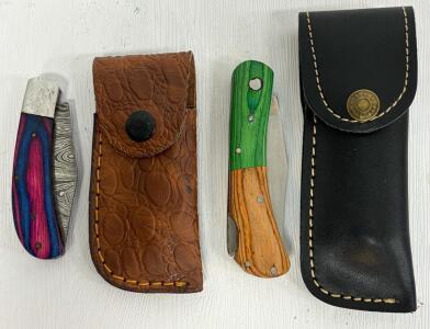 Custom Dyed Wood Folding Pocket Knives, Lockback, Sheaths, Stainless & Damascus Blades