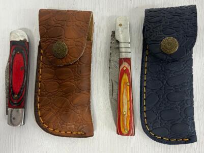 Damascus Steel Folding Pocket Knives &ndash; Laminated Wood Handles w/ Tooled Leather Sheaths