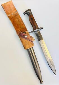 Mauser K98 Bayonet S84/98 III, German WWII, Serial E1077, Steel Scabbard & Leather Frog (13.5" Overall Length)