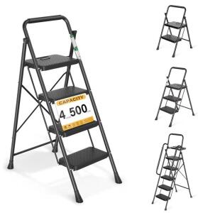 4-Step Folding Steel Ladder, 500 lbs Capacity, Anti-Slip Wide Pedals, Handrail, 2.1" Slim Storage